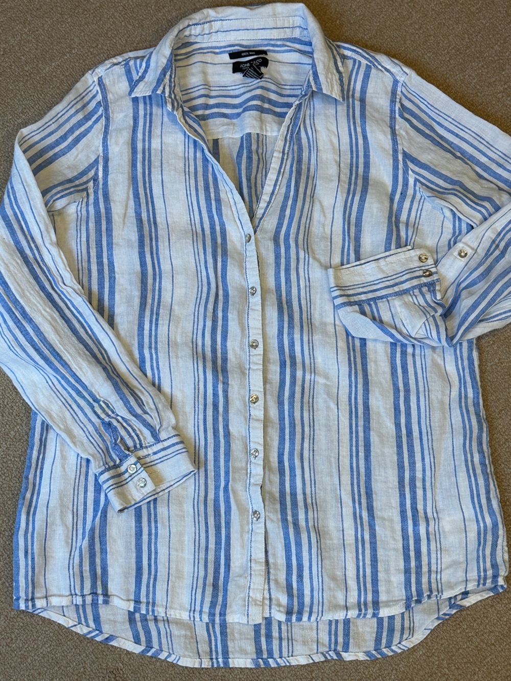 100% Linen Blue & White Striped Button up Shirt Women jones & co NY M seersucker - Picture 3 of 13